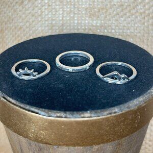 Set of 3 Silver Rings-Size 8-Band w/ Rhinestones, Mountain, and Sunrise